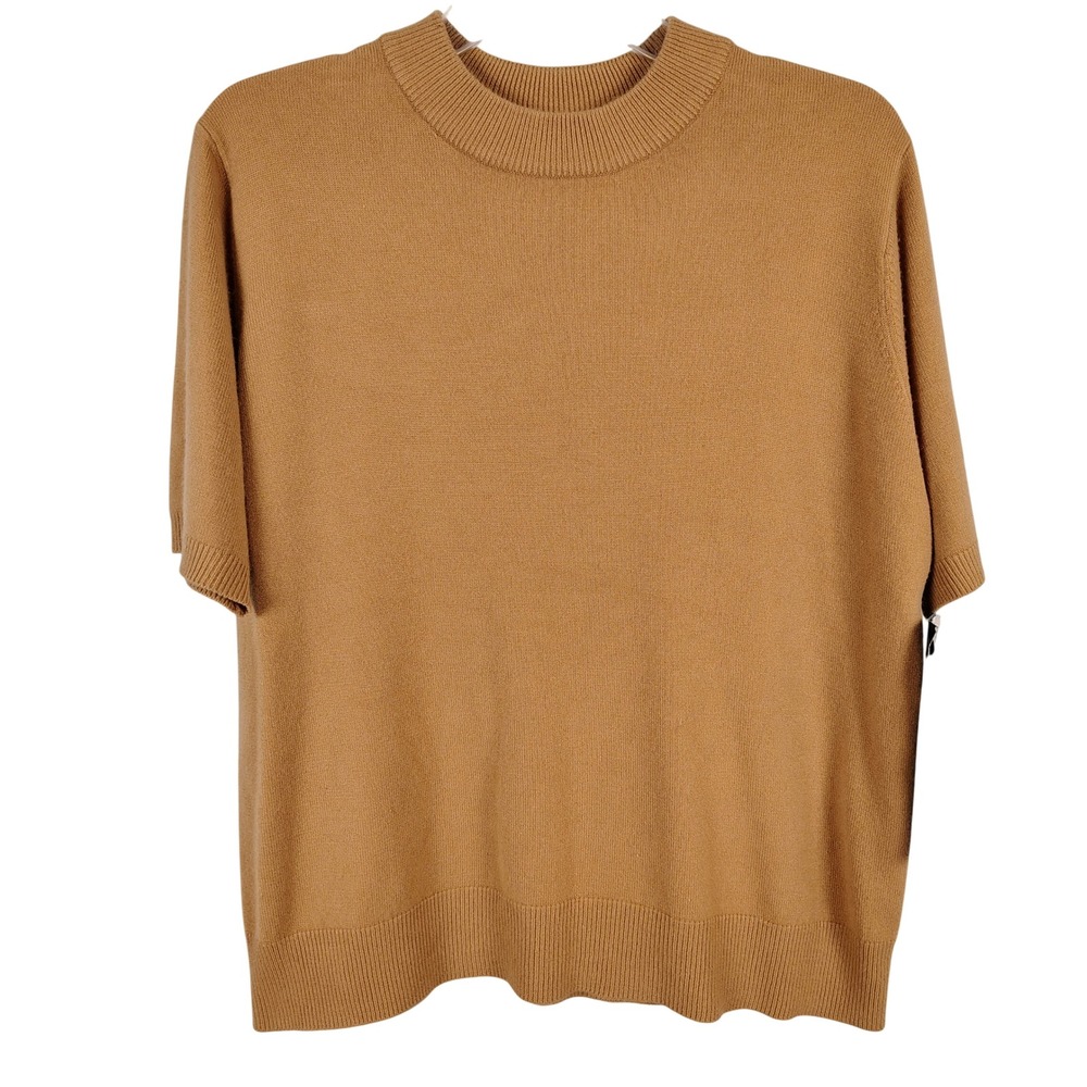 NWT Sag Harbor Womens L Short Sleeve Crew Neck Sweater Camel Brown Minimalist